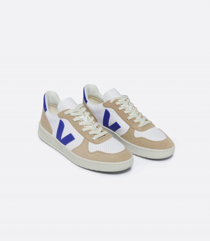 Veja V-10 Chromefree Koža Muške Niske Tenisice Bijele Smeđe Plave | KDC3995NT